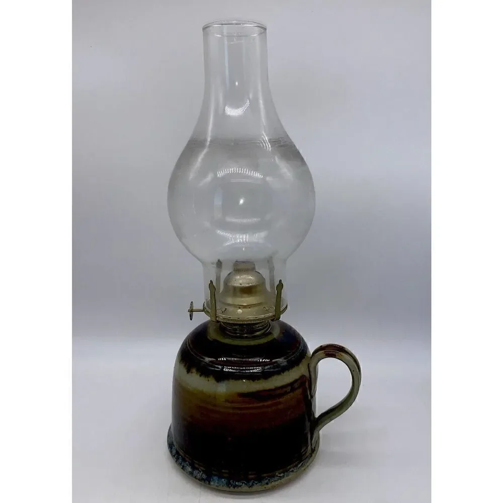 Vintage Greg Olson Signed California Handmade Stoneware Oil Lamp with Chimney